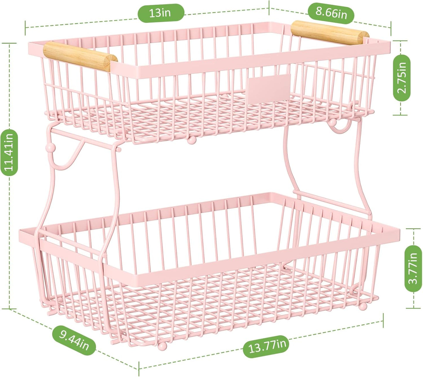 2 Tier Fruit Basket for Kitchen Counter with 2 Banana Hangers, Countertop Metal Fruit Bowl with Wooden Handle, Large Storage Stand for Vegetables, Snacks, Breads, Produce Storage – Pink