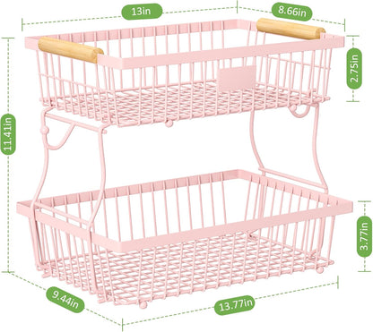 2 Tier Fruit Basket for Kitchen Counter with 2 Banana Hangers, Countertop Metal Fruit Bowl with Wooden Handle, Large Storage Stand for Vegetables, Snacks, Breads, Produce Storage – Pink