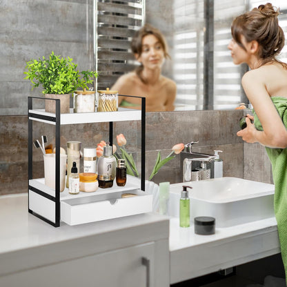 2-Tier Wooden Counter Shelf with Drawer, Vanity Tray for Organization and Decor, Countertop Organizer for Bathroom and Kitchen