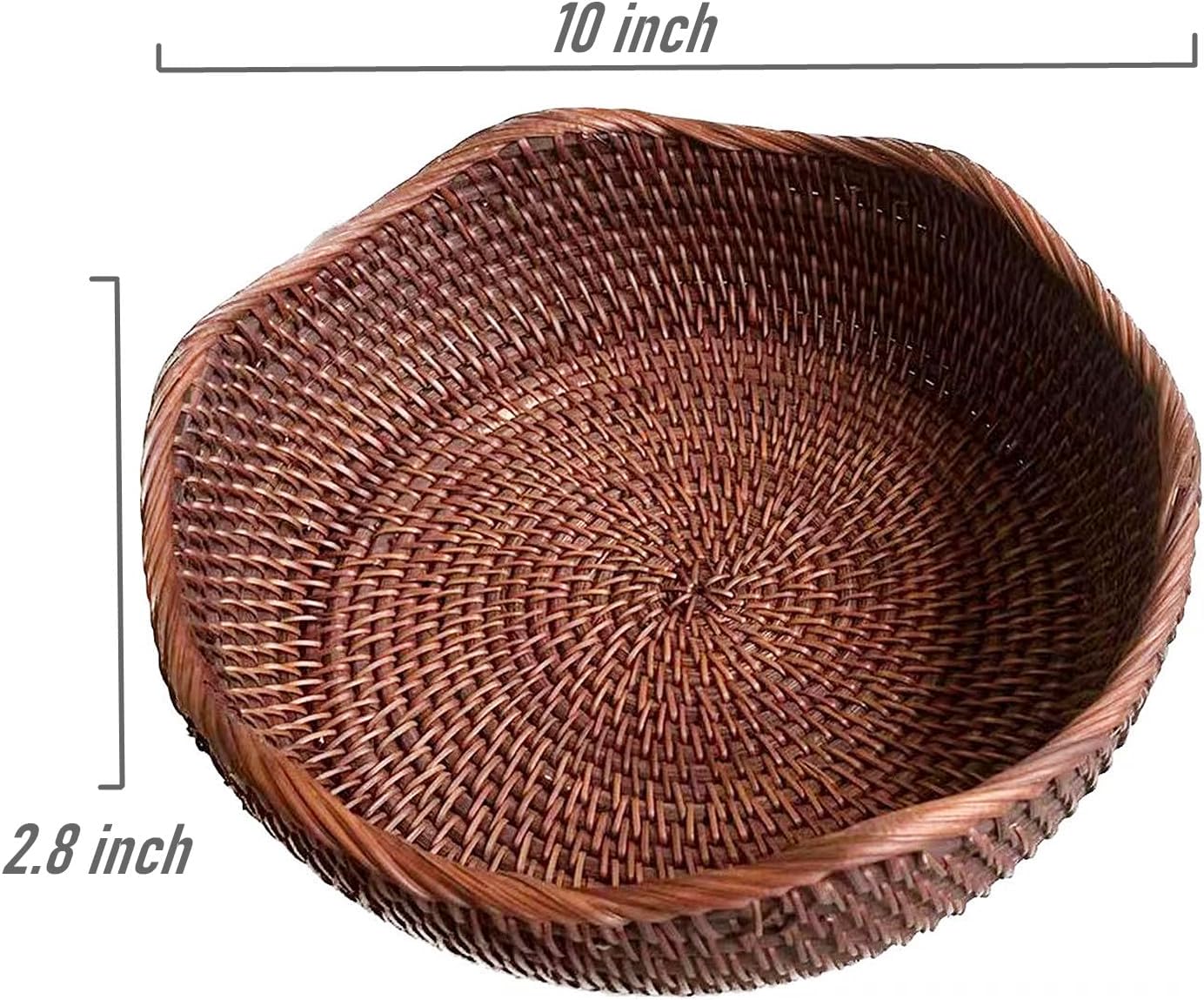 Handmade Rattan Round Fruit Basket Food Storage Bowls Kitchen Organizer Snack Serving Bowl 10 Inch Wavy Edge Circle Tray Basket with 3” Deep Wall, Dark Brown Décor Display Tray Bowl, M