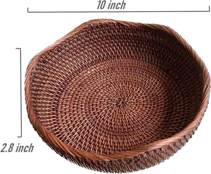 Handmade Rattan Round Fruit Basket Food Storage Bowls Kitchen Organizer Snack Serving Bowl 10 Inch Wavy Edge Circle Tray Basket with 3” Deep Wall, Dark Brown Décor Display Tray Bowl, M