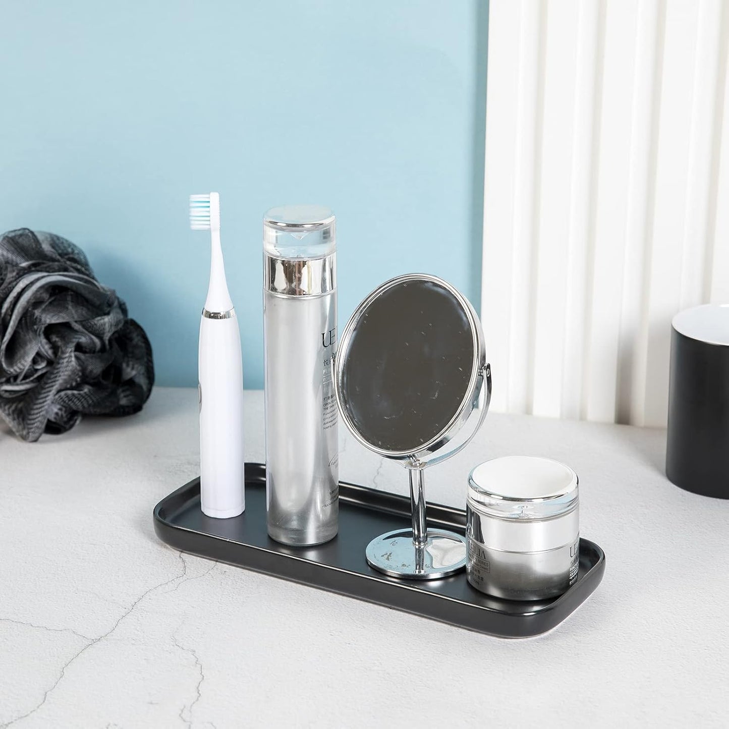 Ceramic Bathroom Tray,Kitchen Sink Organizer Tray,Cosmetics Holder (Black)