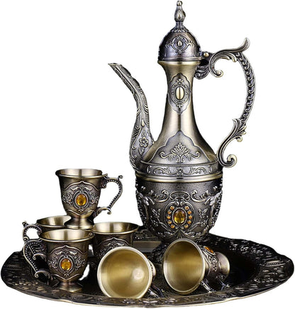 Vintage Turkish Coffee Pot and Cups Set,Tea Service Set Including Teapot,Tea Tray and Metal Cups for Wine Cabinet Decor,Wedding Ornaments (Bronze with Yellow Crystal)