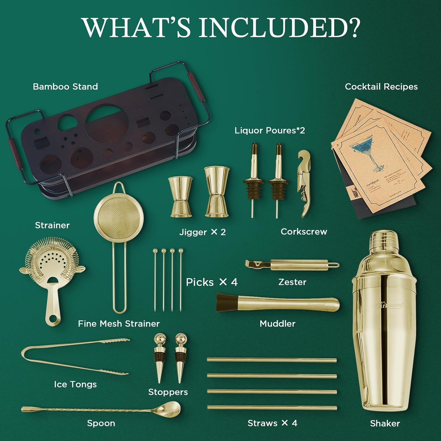 KITESSENSU Cocktail Shaker Set Bartender Kit with Stand | Complete 24-Piece Bar Set Cocktail Kit with All Bar Accessories, Gold