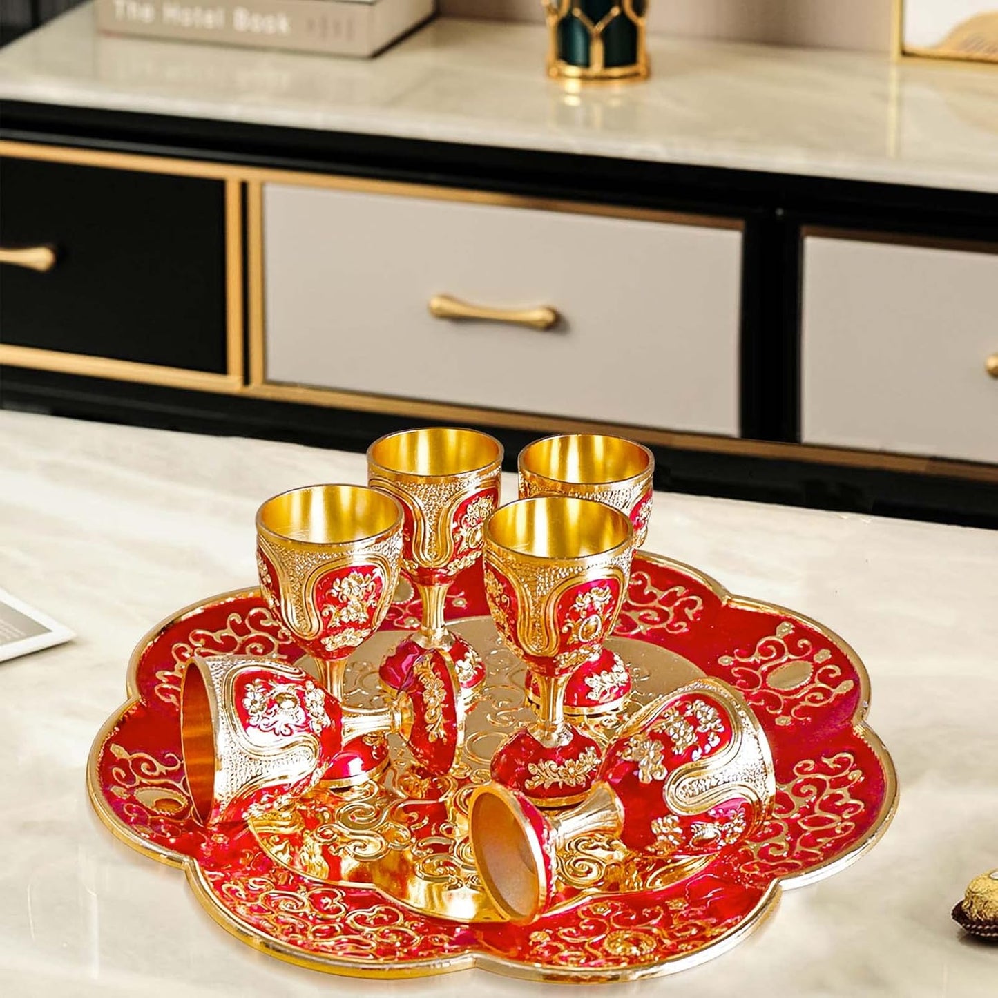 Vintage Turkish Coffee Pot and Cups Set,Tea Service Set Including Teapot,Tea Tray and Metal Cups for Wine Cabinet Decor,Wedding Ornaments (Gold and Red)