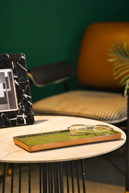 Vanity Tray with Brown Trim, Candle and Bathroom Organizer, Perfume Holder, Decorative Countertop Tray for Dresser, Table, Home Decor, Rectangular, Green, 12"4.7"