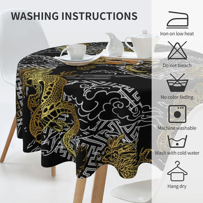 Japanese Tablecloth Round, Black Traditional Zodiac Dragon Vintage Asian Style Oriental Water Resisitant Table Cover for Dining Kitchen Living Room Home Party Holiday Decor 36 inch Round