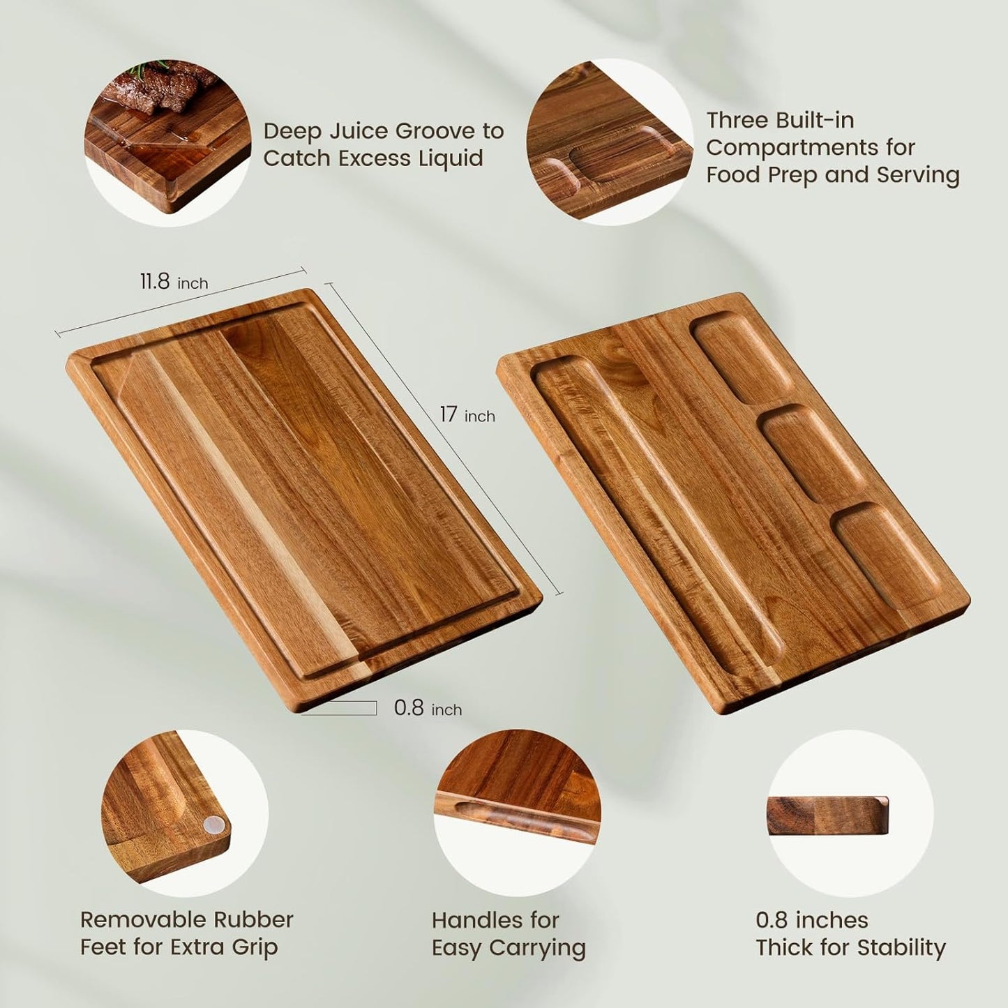 Kikcoin Acacia Wood Cutting Boards for Kitchen, Wooden Cutting Board, Chopping Board with Built-In Compartments and Juice Groove, Solid Charcuterie Board Serving Tray Wood Butcher Block, 17" x 11.8"
