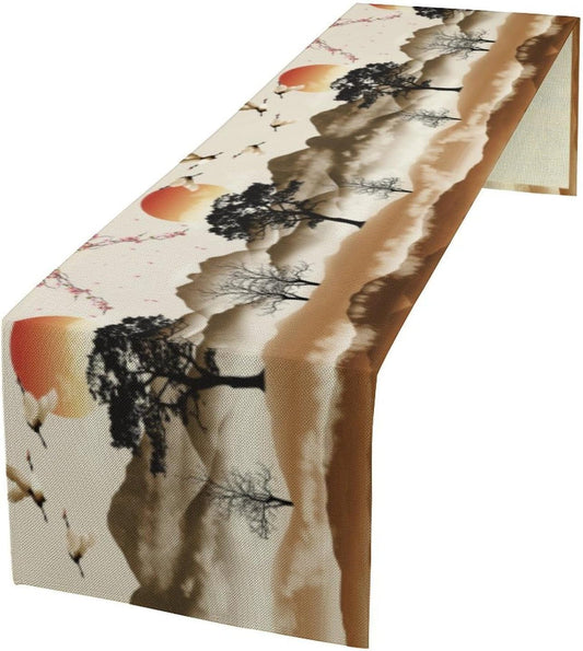 Asian Table Runner, Bamboo Ancient Chinese Paintings Table Cover Cloth for Kitchen Dining Bedroom Red Crowned Crane Landscape Ink Painting Sunset 13x70 Inch