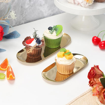 IBWell 2 pcs Gold Decorative Serving Tray for Bathroom, Small Jewelry Tray, Long Tray, Gold Jewelry Tray, Jewelry Bowl Dish Decorative Bathroom Tray-8.9”