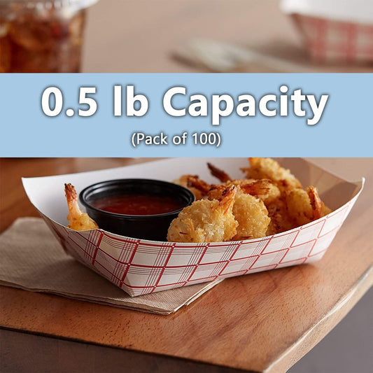 Angel's Peel Lounge Paper Food Trays — Red Check Disposable Paperboard Tray for Fries, Hot Dog, Nachos, and Snacks, Stackable Grease-Resistant Serving Basket for Picnics or Events, 0.5lb, 100-PACK