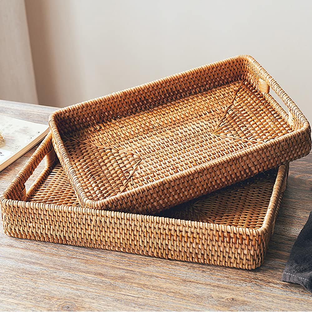 i-lan 2 Pack Natural Rattan Serving Trays with Handles – Handwoven Rectangular Wicker Baskets for Food, Bread, Fruit | Decorative Storage & Table Organizer with 2-Inch Wall (Small + Large)