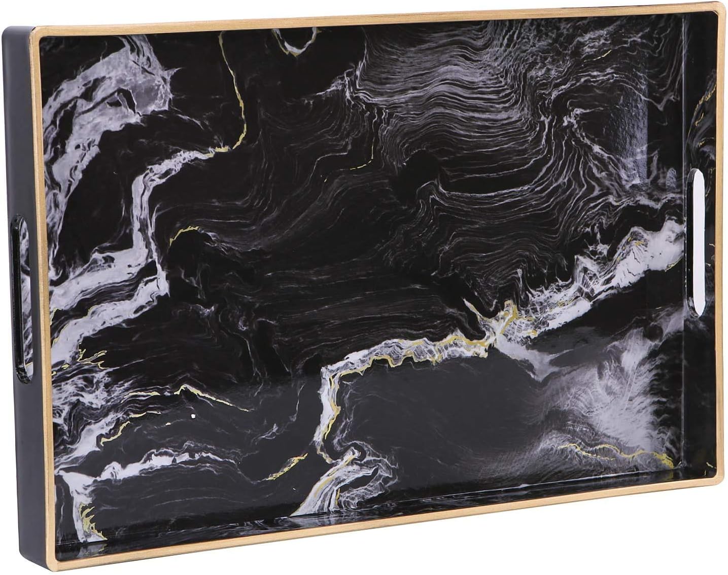 Zosenley Decorative Tray, Marbling Plastic Tray with Handles, Rectangular Vanity Tray and Serving Tray for Bathroom, Kitchen, Ottoman and Coffee Table, 15.6” x 10.2”, Black