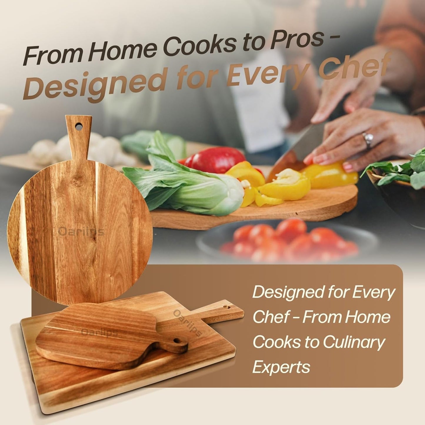 Acacia Wood Cutting Board Set of 3 with Handles – Round, Rectangular & Paddle Charcuterie Boards for Cheese, Meat, Pizza, Bread & Fruits