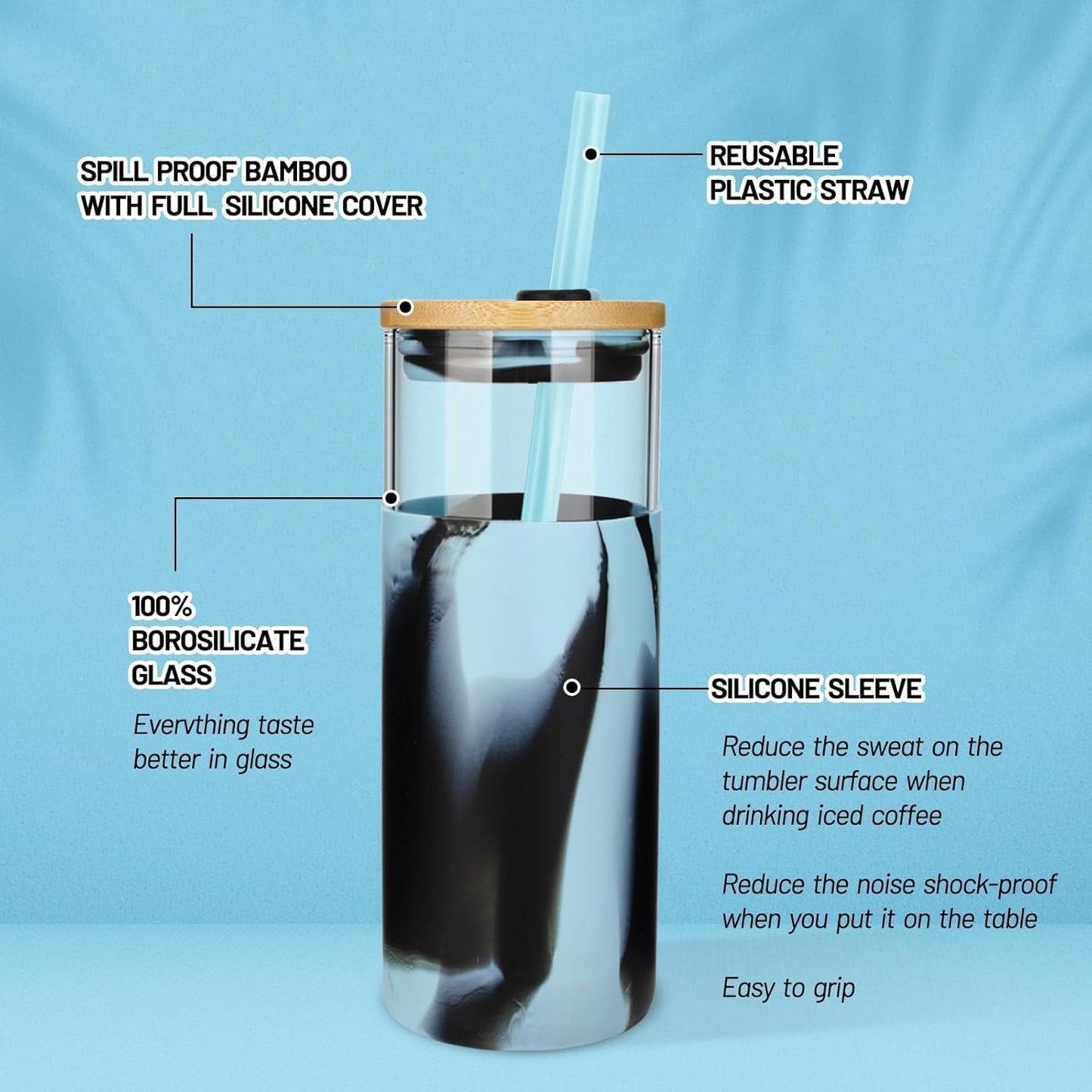 Tronco 20 oz Glass Tumbler with Lid and Straw, Iced Coffee Cup and Smoothie Cup with Bamboo Lids & Protective Silicone Sleeve, Dishwasher Safe, BPA-Free, Glass Cup 1 Pack