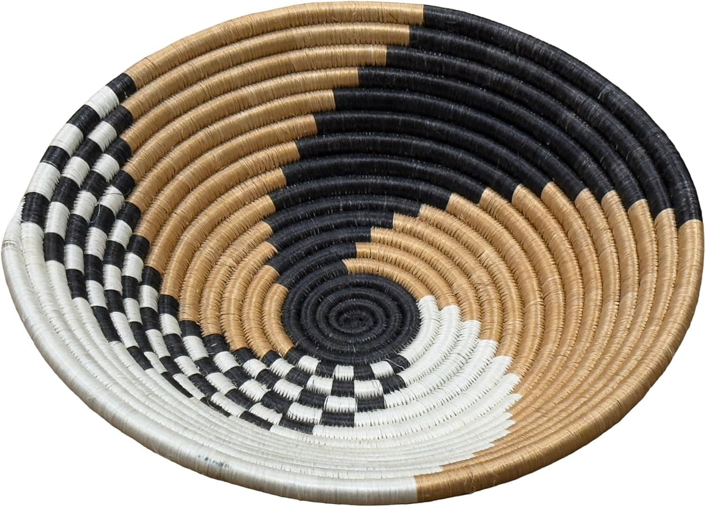 Handwoven African Basket Handmade sisal Fruit Bowl Wall Hanging decorative Baskets for Home Living Room Kitchen Centerpiece Zen Designs Arts and Crafts (Swirl Black Tan, 12in diameter)