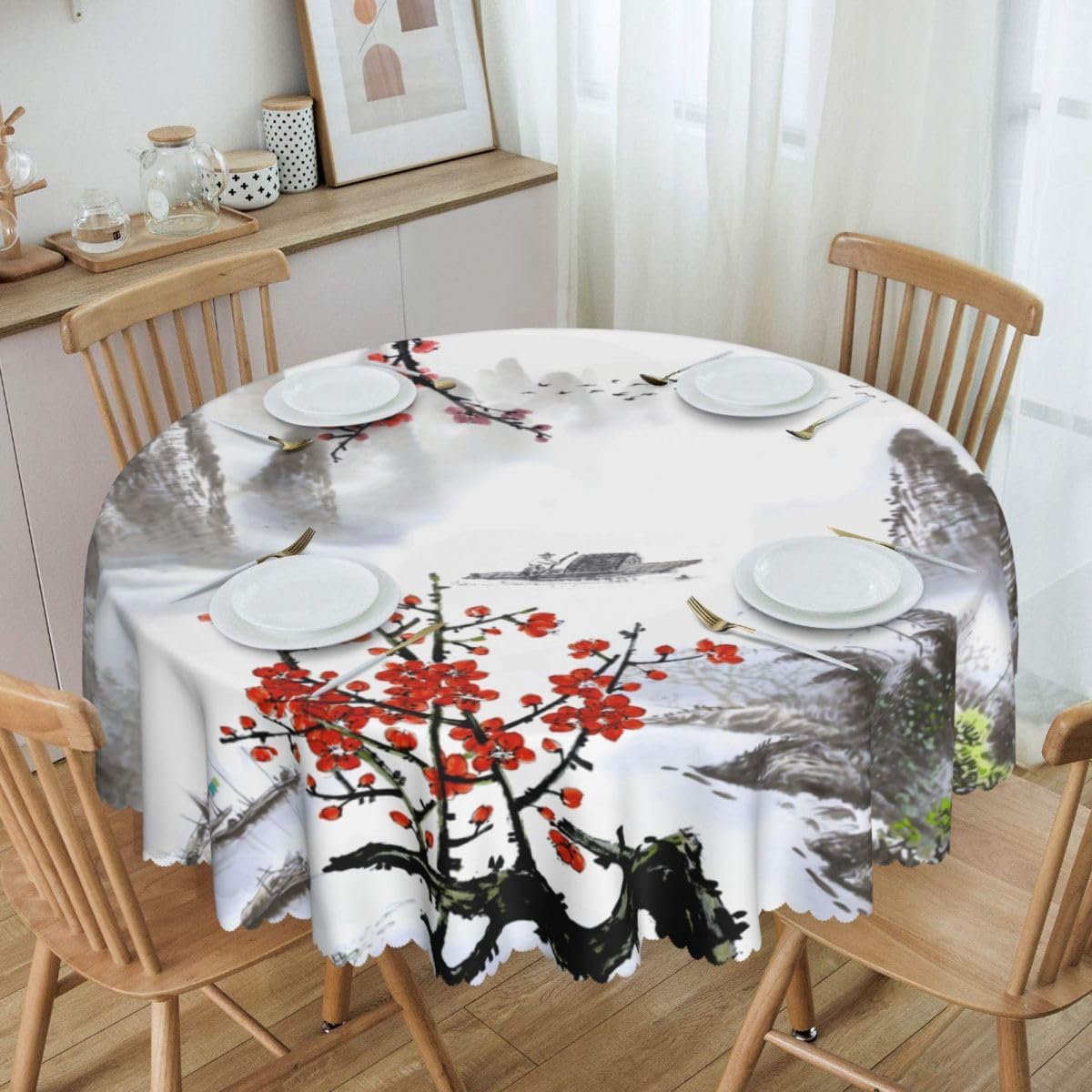 Chinese Landscape Tablecloth, Traditioanal Cherry Blossom Japanese Oriental Vintage Eastern Water Resisitant Wipeable Table Cover for Dining Kitchen Living Room Home Party Holiday Decor 60 inch Round