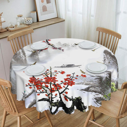 Chinese Landscape Tablecloth, Traditioanal Cherry Blossom Japanese Oriental Vintage Eastern Water Resisitant Wipeable Table Cover for Dining Kitchen Living Room Home Party Holiday Decor 60 inch Round