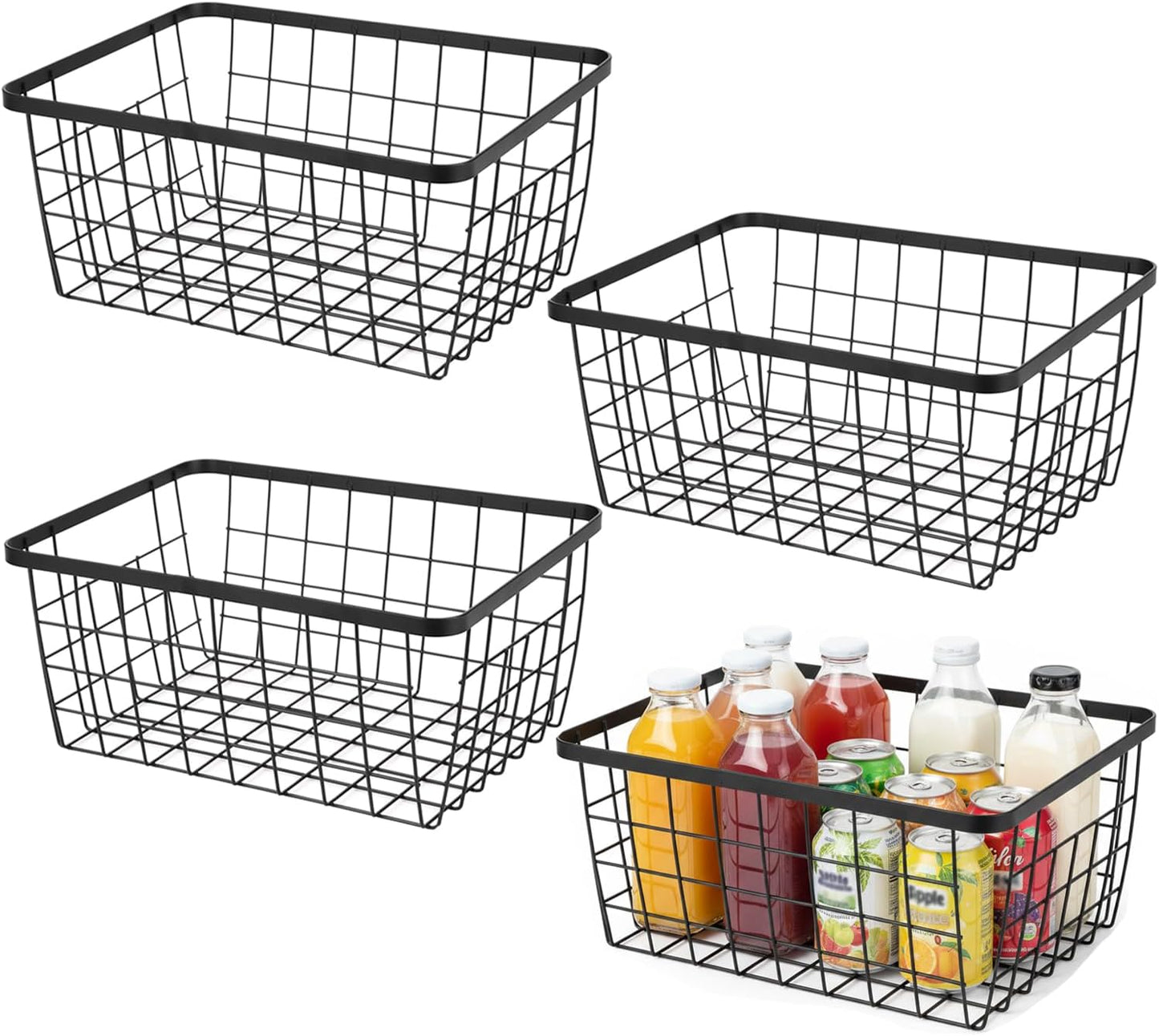 Kitchen Metal Wire Baskets with Handles Food Storage Organizer, Household Refrigerator for Cabinets,Pantry,Bathroom,Black,4 Pack