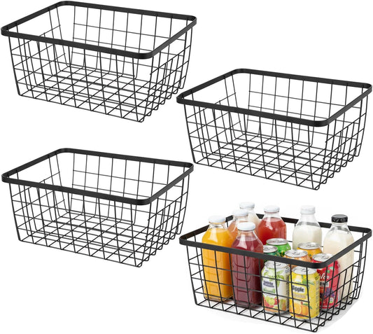 Kitchen Metal Wire Baskets with Handles Food Storage Organizer, Household Refrigerator for Cabinets,Pantry,Bathroom,Black,4 Pack