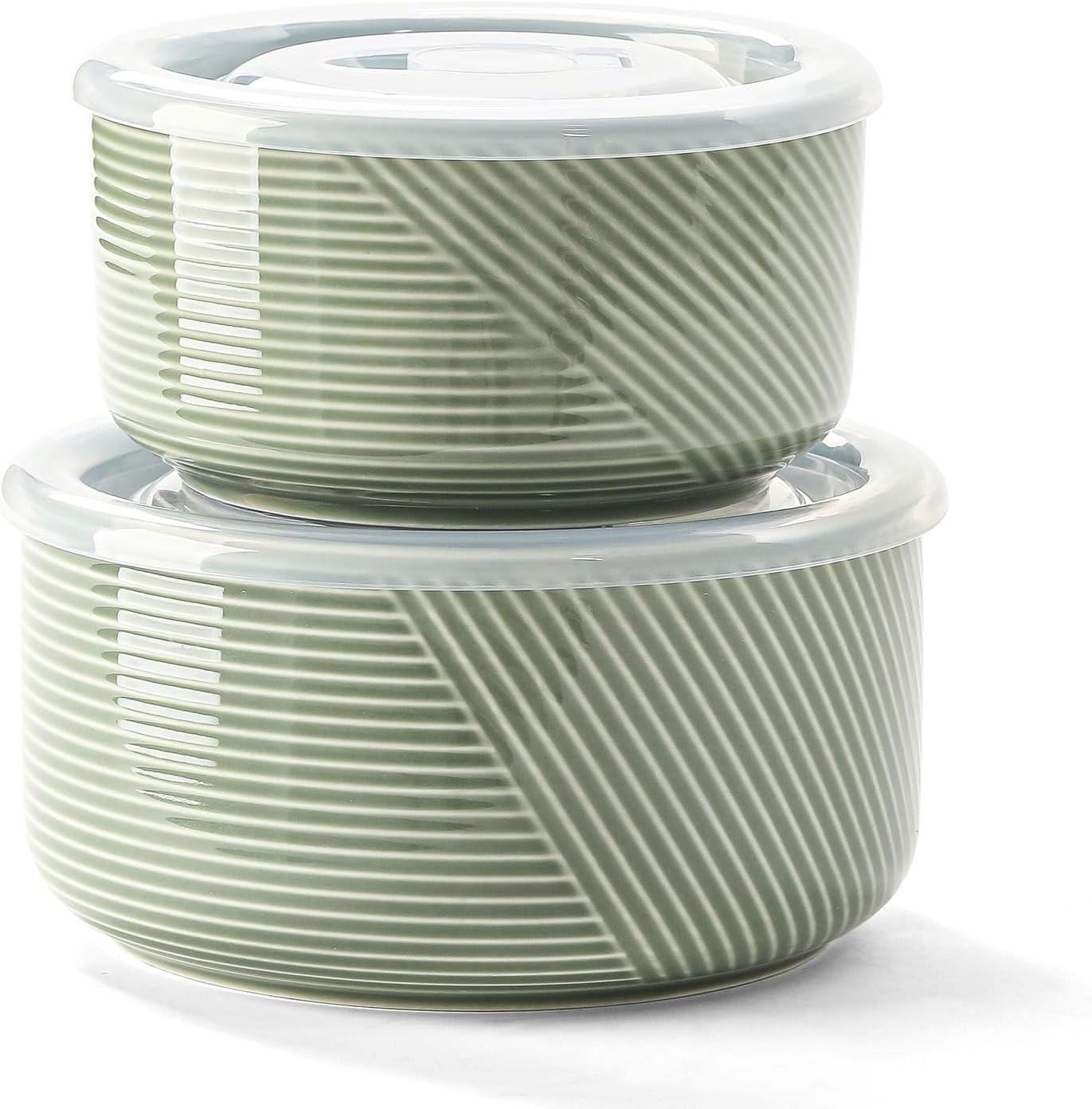 Ceramic Nesting Bowls with Lid: Microwave Safe Food Storage Containers for Work Lunch Picnic Camping Meal Prep Soup Salad Cereal Leftovers - 5 & 6 Inch, 20 & 32 oz, Set of 2, Green