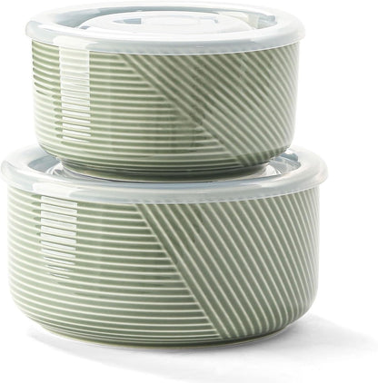 Ceramic Nesting Bowls with Lid: Microwave Safe Food Storage Containers for Work Lunch Picnic Camping Meal Prep Soup Salad Cereal Leftovers - 5 & 6 Inch, 20 & 32 oz, Set of 2, Green
