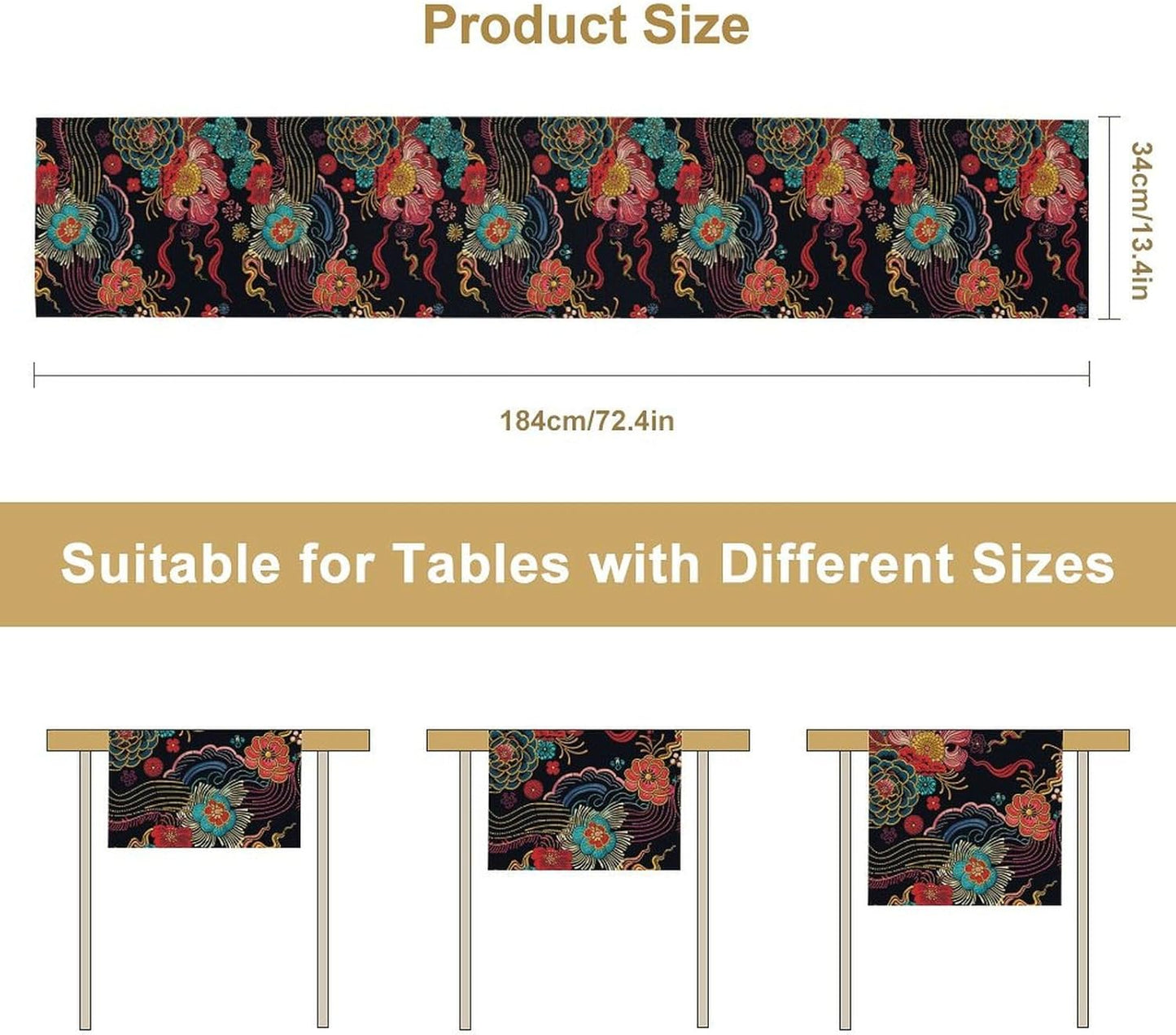 Chinese Embroidery Printing Table Runner, Floral Colorful Abstract Peony Table Runner for Bedroom Living Room Kitchen Home, 13x60 Inch