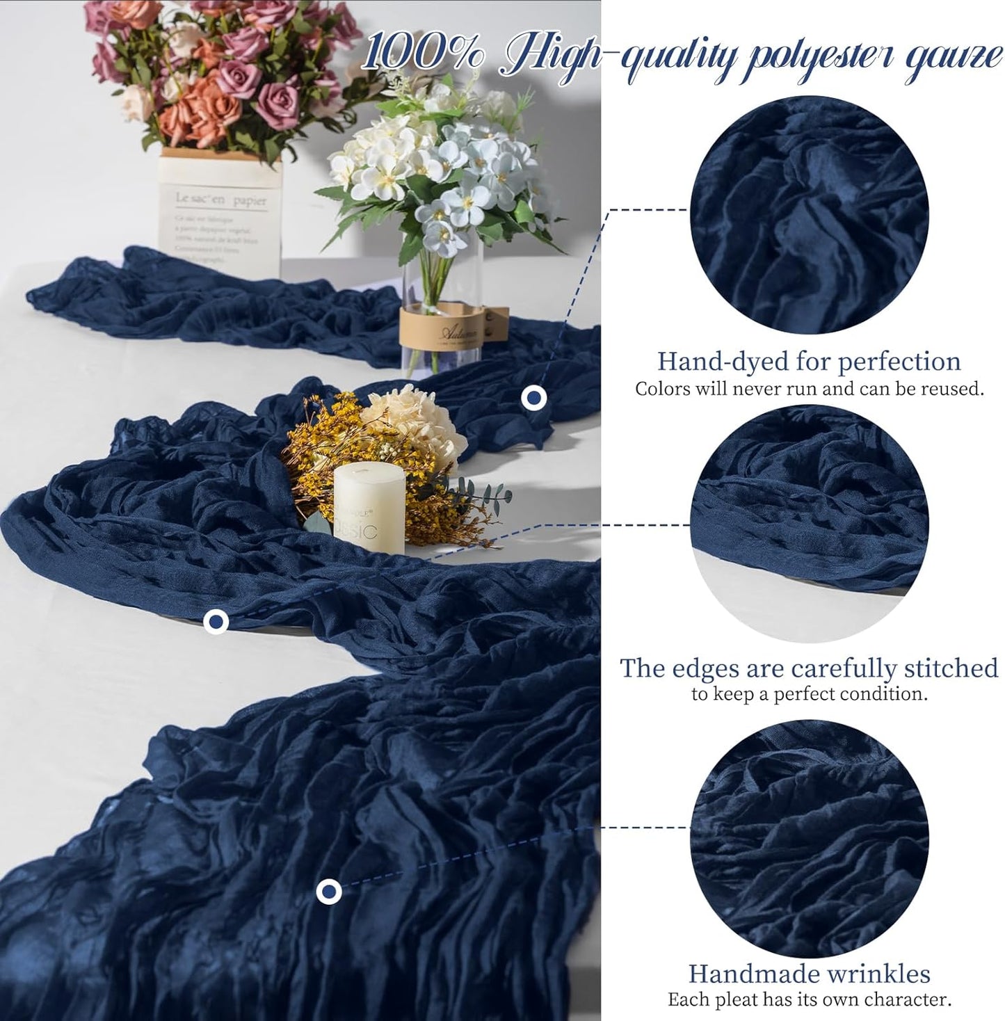 15 Packs Cheesecloth Table Runner - Navy Blue, 10 Ft Dark Blue Rustic Gauze Boho Wedding Table Runner Decoration, 21.5x120in