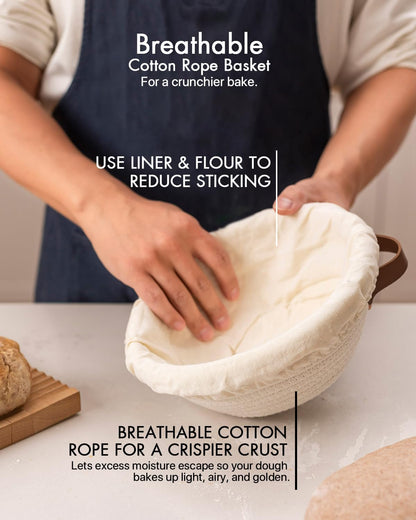 Crispier Crust Cotton Rope Banneton Bread Proofing Basket Set, Oval & Round Bread Baskets with Liners & Covers for Artisan Bread Baking, Sourdough Bread Baking Supplies(Off White)