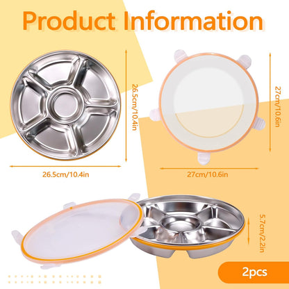 Divided Serving Tray with Lid 6 Compartments, 10.4 Inch Round Vegetable Veggie Tray, Reusable Snack Box Container Fruit Platter Tray for Parties Fridge Food Storage Picnic (2 pcs)