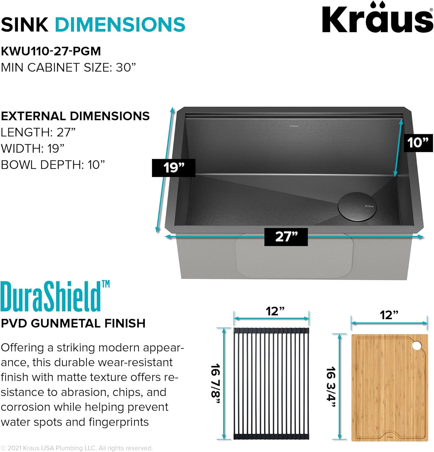 KRAUS Kore Workstation 27-inch Undermount 16 Gauge Black Stainless Kitchen Sink, Single Bowl Kitchen Sink in PVD Gunmetal Finish with Accessories, KWU110-27-PGM