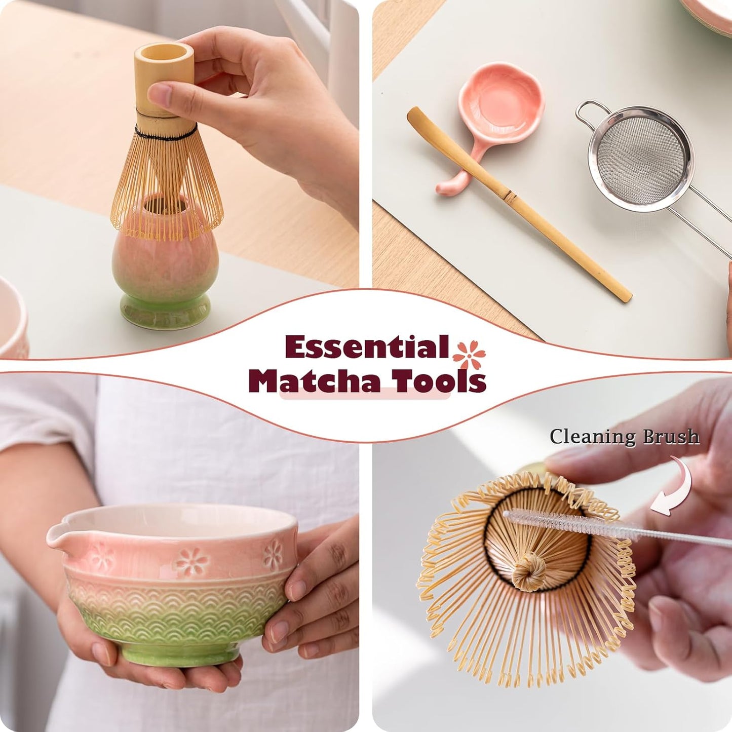 Matcha Tea Set, 8 Pcs Japanese Matcha Kit with Cherry Blossom and Wave Design Ceramic Bowl, Bamboo Whisk, Whisk Holder, Scoop, Sifter, Brush, Matcha Kit Set for Matcha Lovers (Pink-Green)