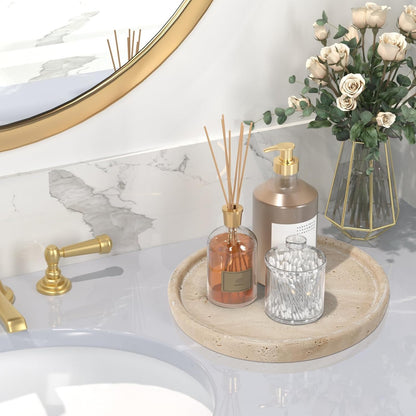 Travertine Tray, Small Ceramic Vanity Tray for Bathroom Counter Decor, Round Marble Decorative Trays for Coffee Table (Beige, Large Size)