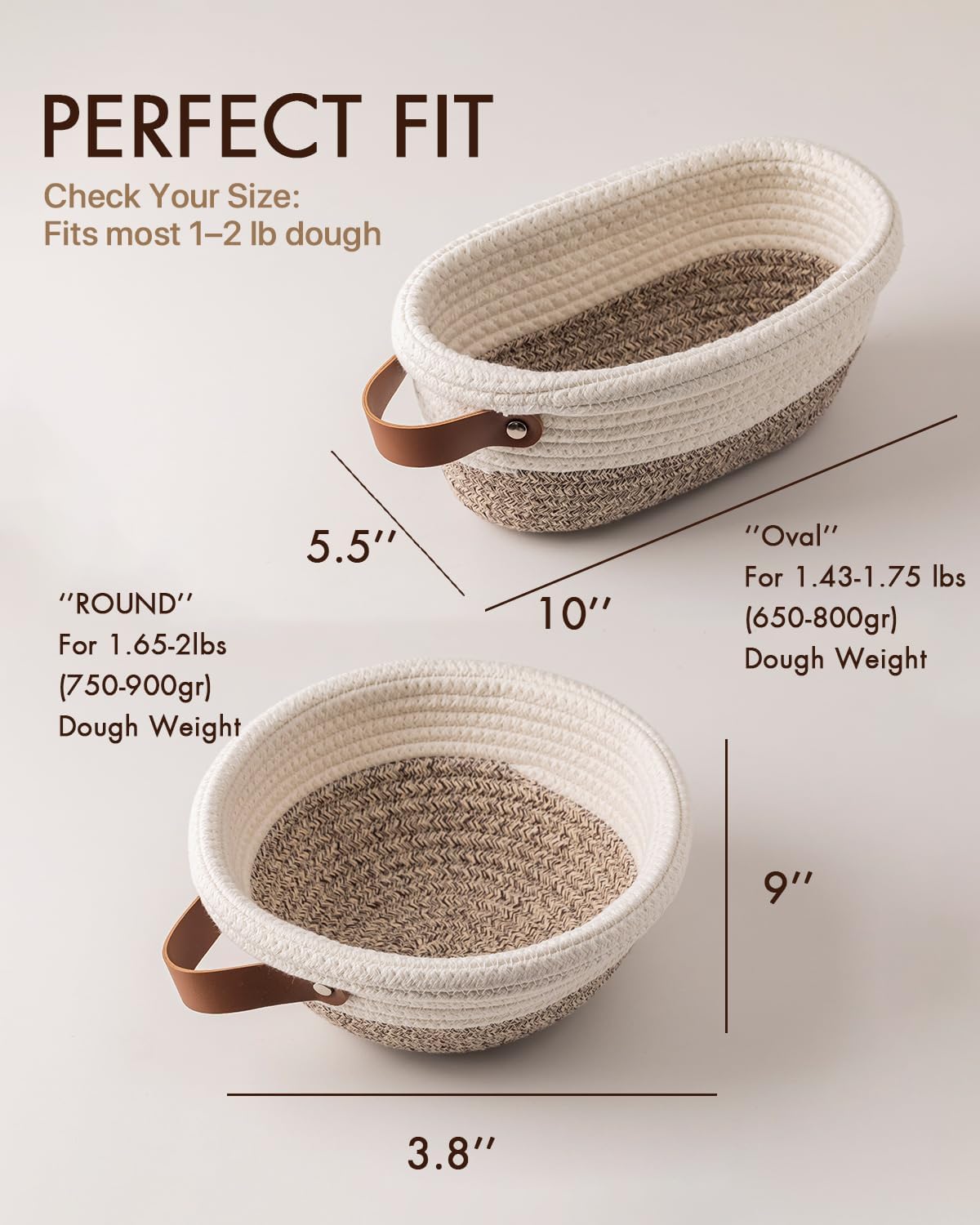 Crispier Crust Cotton Rope Banneton Bread Proofing Basket Set, Oval & Round Bread Baskets with Liners & Covers for Artisan Bread Baking, Sourdough Bread Baking Supplies(White-Mixed Brown)