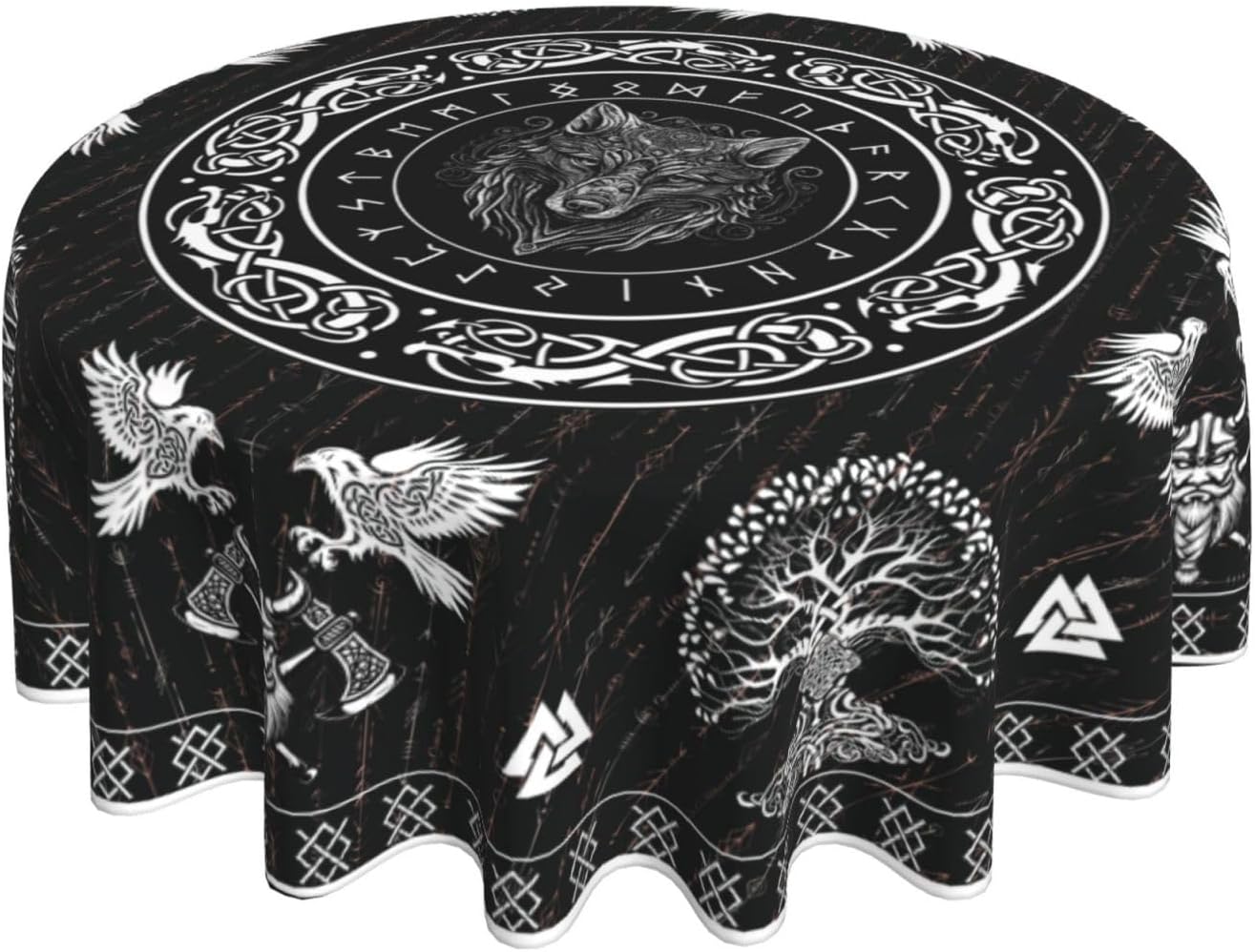 Norse Viking Tablecloth, Nordic Mythology Tree of Life Crow Ancient Mythical Viking Wolf Print Water Resisitant Table Cover for Dining Kitchen Living Room Home Party Holiday Decor 70 inch Round