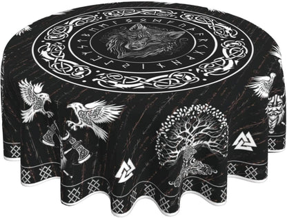 Norse Viking Tablecloth, Nordic Mythology Tree of Life Crow Ancient Mythical Viking Wolf Print Water Resisitant Table Cover for Dining Kitchen Living Room Home Party Holiday Decor 70 inch Round