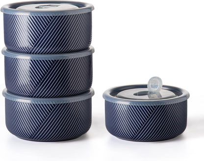 Large Ceramic Bowls with Lids: 32 oz Microwave Safe Food Storage Containers for Soup Salad Meal Prep Lunch Picnic Camping - 6 Inch, Set of 4 (Navy)