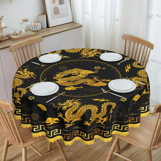 Chinese Dragon Tablecloth Round, Black Golden Traditional Zodiac Dragon Vintage Asian Style Oriental Water Resisitant Table Cover for Dining Kitchen Living Room Home Party Holiday Decor 70 inch Round