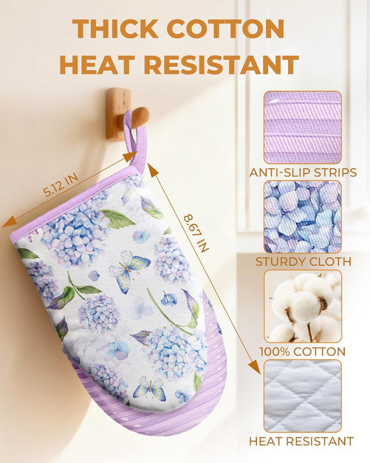 Slohif Butterfly Mini Oven Mitts Set – Purple Flower Extended Short Heat Resistant Kitchen Gloves for Women, 100% Cotton Oven Mitts with Silicone Grips, Non-Slip and Thick Durable for Cooking & Baking