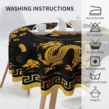 Chinese Dragon Tablecloth Round, Black Golden Traditional Zodiac Dragon Vintage Asian Style Oriental Water Resisitant Table Cover for Dining Kitchen Living Room Home Party Holiday Decor 60 inch Round