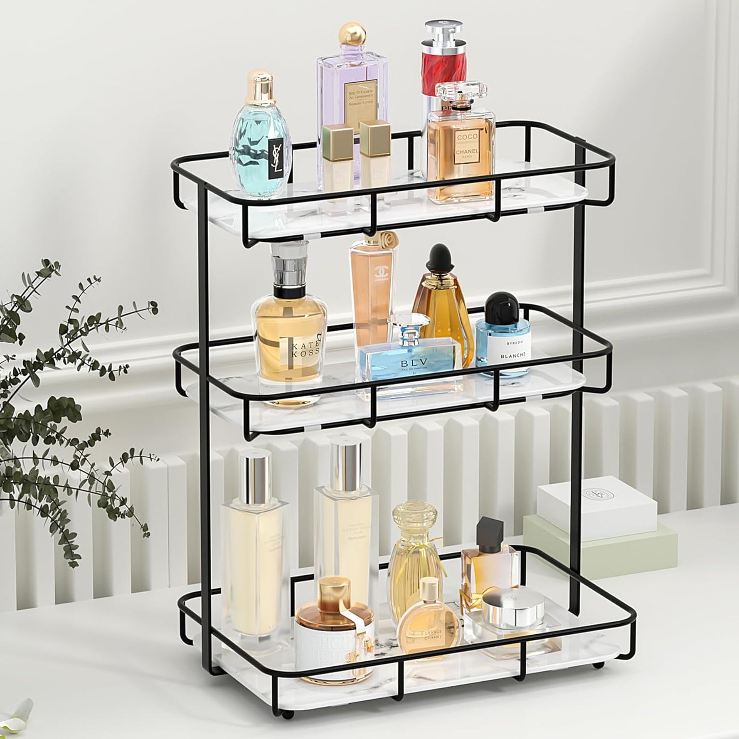 Bathroom Organizer Countertop Perfume Organizer Makeup Organizer Cosmetics Storage Display Rack Vanity Tray Dresser Stainless Steel Gold Shelf White Marble Ceramic Tray
