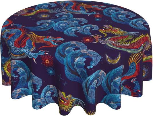 Chinoiserie Tablecloth Round, Traditional Zodiac Dragon Vintage Asian Style Oriental Luxury Water Resisitant Table Cover for Dining Kitchen Living Room Home Party Holiday Decor 36 inch Round