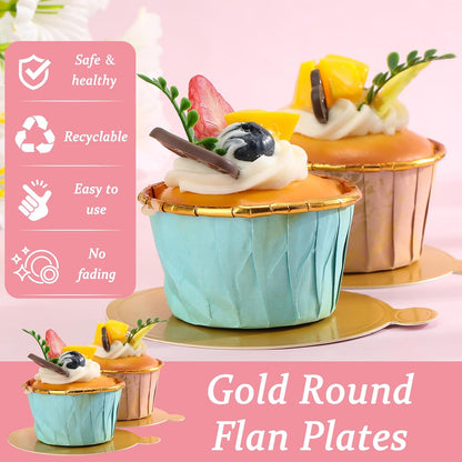 Jollidecor 220 PCS Mini Gold Cake Boards 3.5 inch & 3.15 inch Round Cake Base Mini Flan Tray Disposable Paper Plates for Cupcake, Dessert, Mousse Cake, Flan, Cheesecake