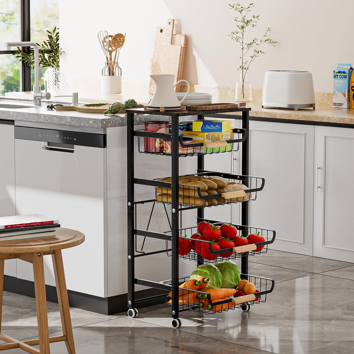 JAQ Fruit Basket for Kitchen, 5-Tier Slide Out Storage Baskets Carts Organizers Drawers with Wood Top Table with Rolling Wheels for Snacks Vegetables Vianderos para Cocina Modernos (Black, 5 Layer)