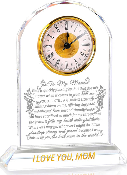Gifts for Mom Crystal Clock Form Son Daughter on Mother's Day, Birthday - to My Mom Crystal Clock for Mother Desk Home Decor (8.8in, Gift Boxed)