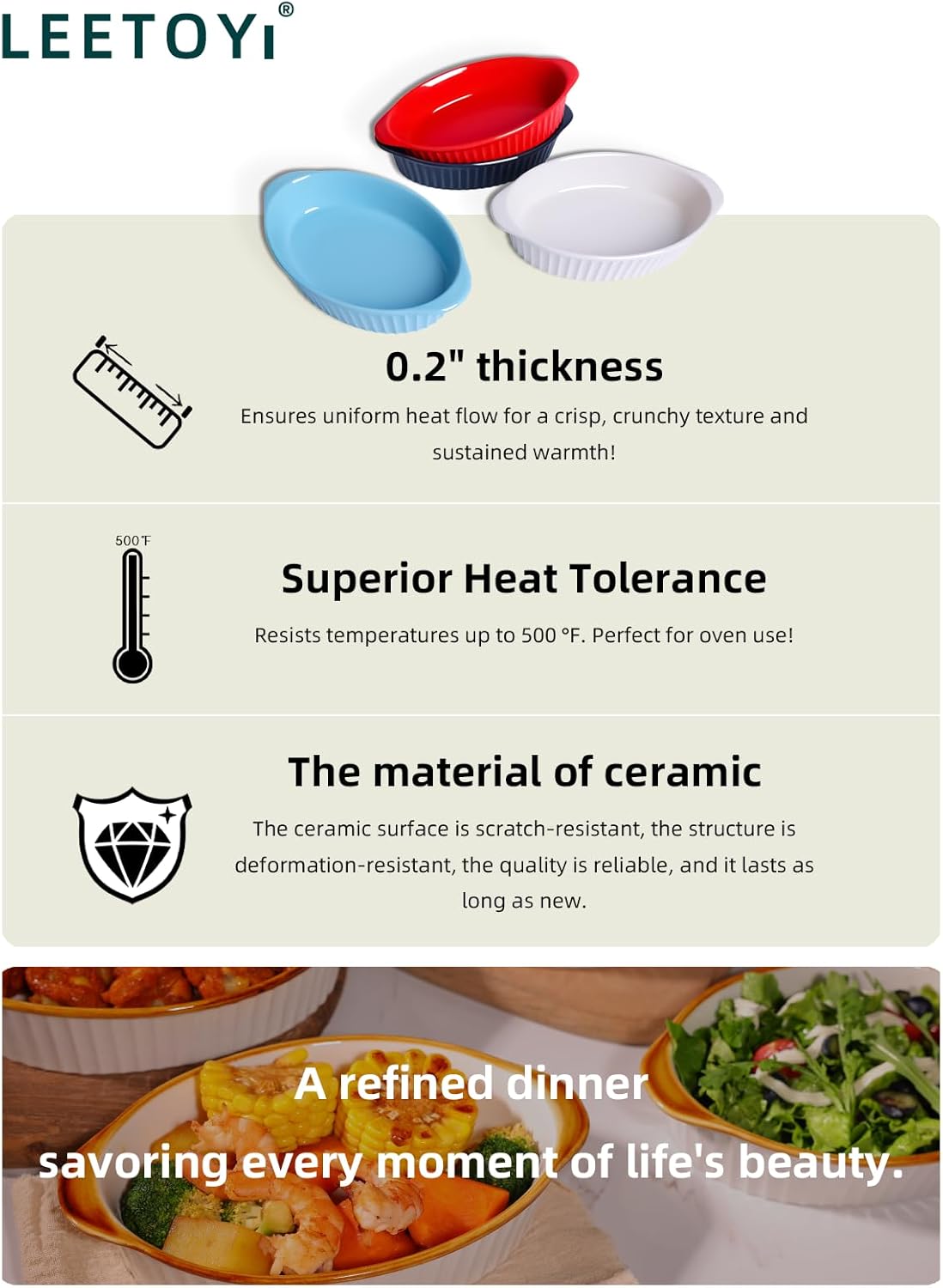 LEETOYI Porcelain Small Oval Au Gratin Pans, Baking Dish Set for 1 or 2 person servings, Bakeware with Double Handle for Kitchen and Home, Set of 2 (Turquoise)