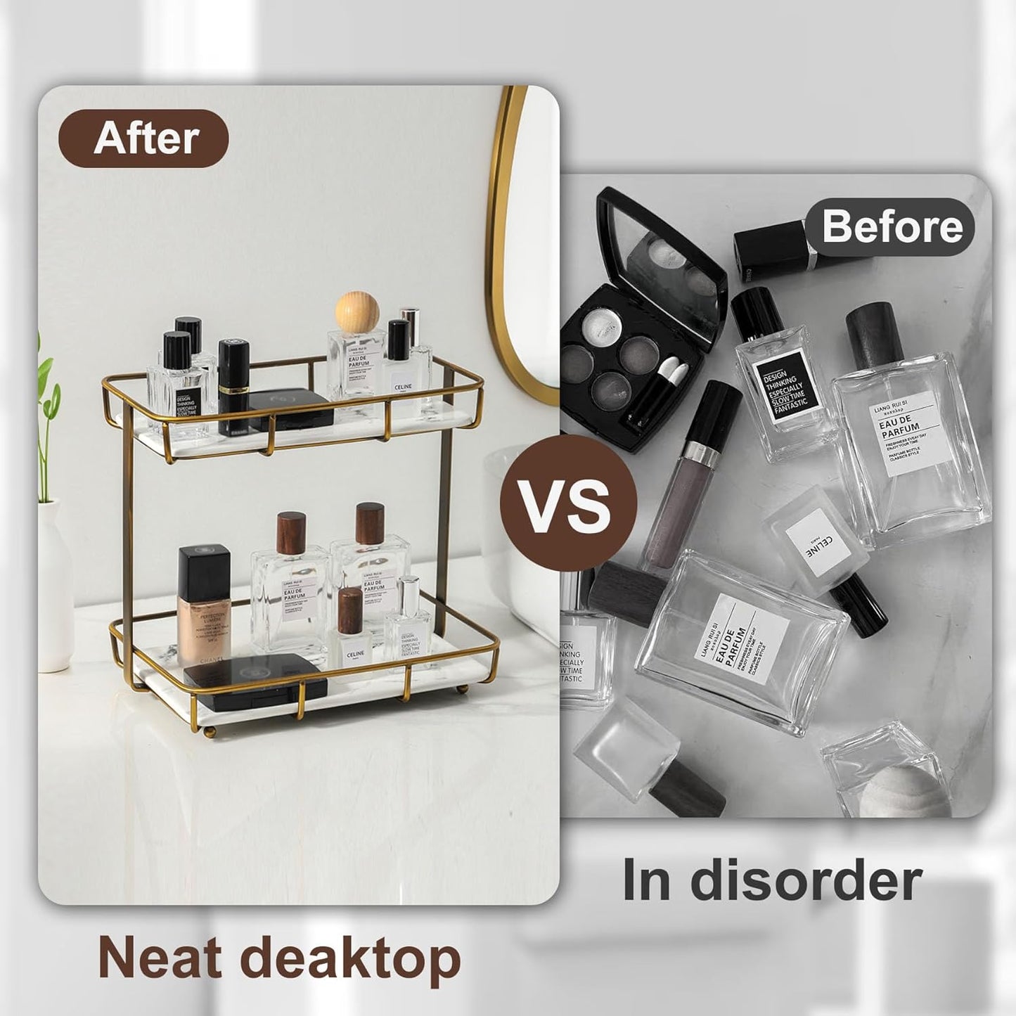 Bathroom Organizer Countertop Perfume Organizer Makeup Organizer Cosmetics Storage Display Rack Vanity Tray Dresser Stainless Steel Gold Shelf White Marble Ceramic Tray