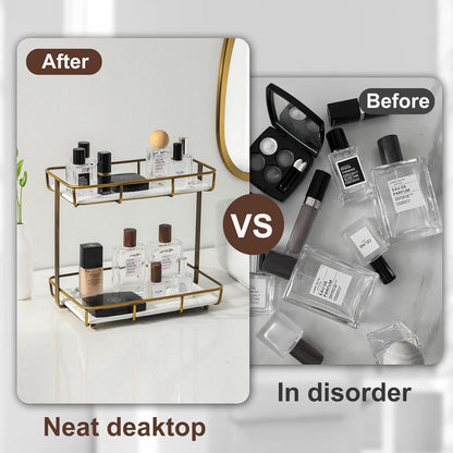 Bathroom Organizer Countertop Perfume Organizer Makeup Organizer Cosmetics Storage Display Rack Vanity Tray Dresser Stainless Steel Gold Shelf White Marble Ceramic Tray