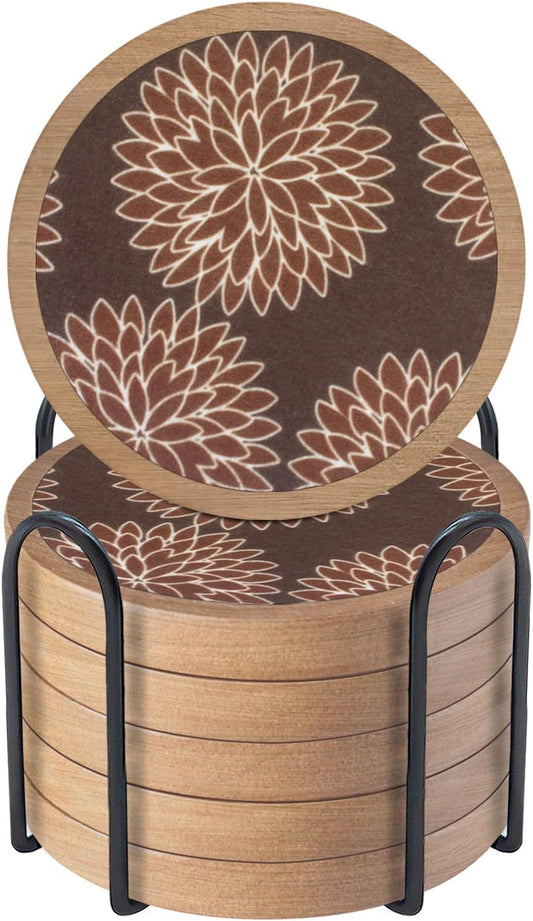 Wood Coasters Set of 6 with Holder, Cewiru Cup Mat for Drinks, Absorbent Coasters with Felt Insert for Coffee Table Protection, Modern Style Home Dining Table Decor, 4.3" Brown