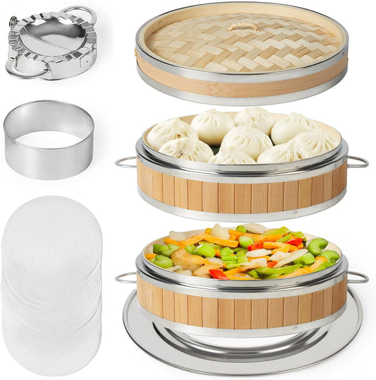 MacaRio Bamboo Steamer Basket Set 10 inch Dumpling Steamer for Cooking with Stainless Steel Reinforcement Side Handles Ring Adapter Dumpling Cutter & Press Liners for Dim Sum Dumplings Buns Seafoods Vegetables Rice